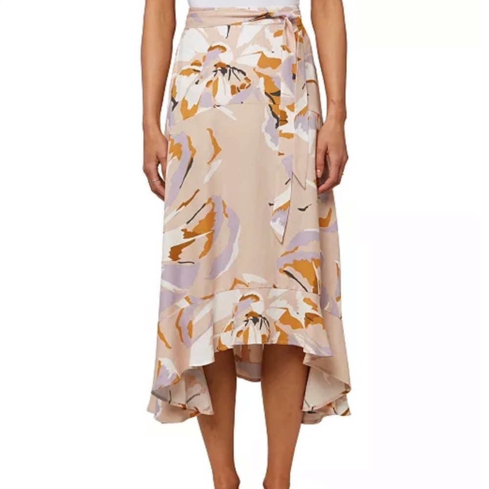 O'Neill Madora Ruffle Trim High Low Midi Skirt in Pink and Orange Floral- Size M